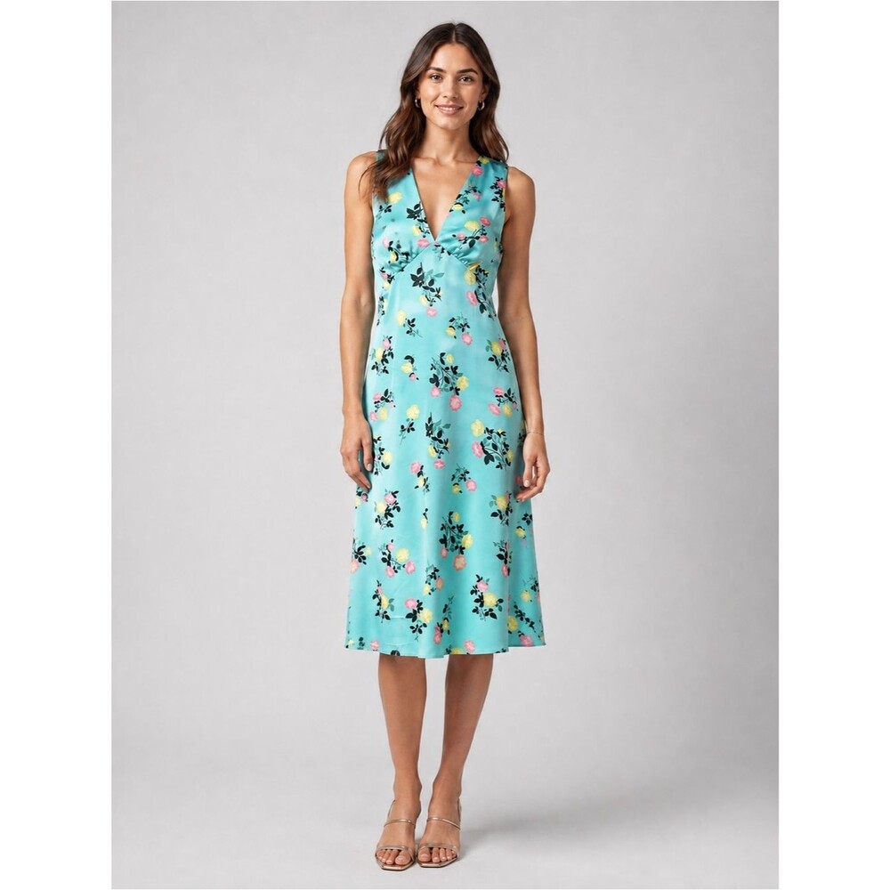 1.STATE Sweet Nothing Floral Satin Midi Dress V Neck Teal Blue Green Size 8 NEW